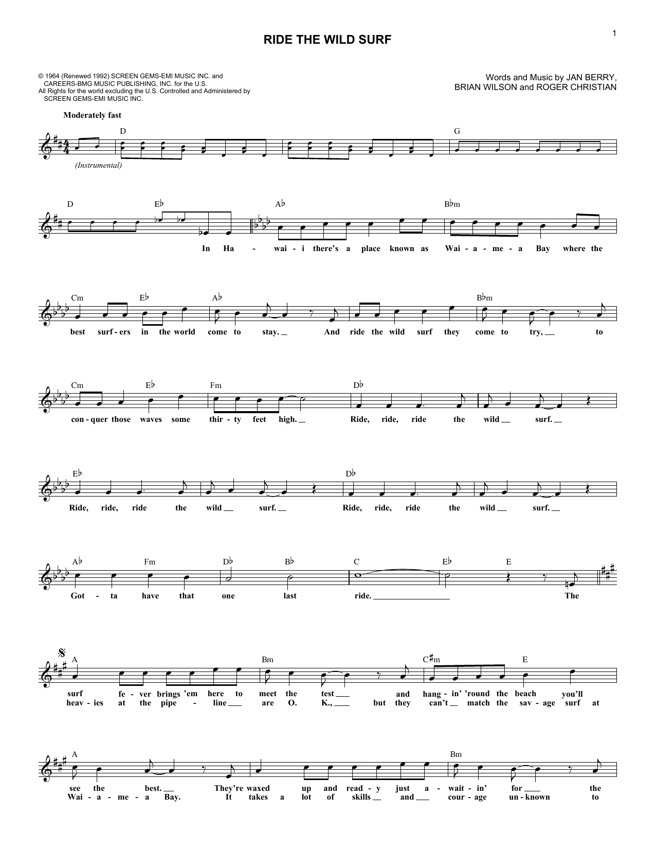 Jan & Dean Ride The Wild Surf sheet music notes and chords arranged for Lead Sheet / Fake Book