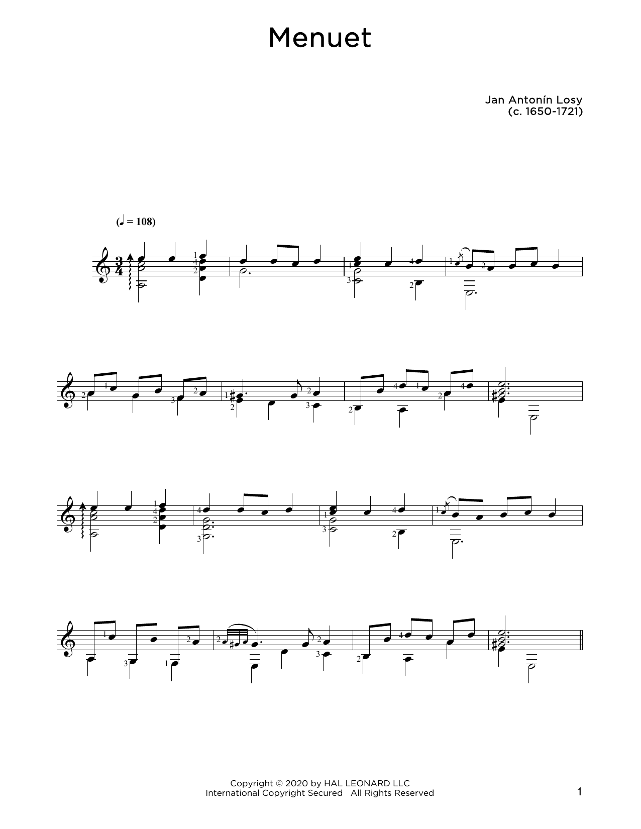 Jan Antonin Losey Menuet sheet music notes and chords arranged for Solo Guitar