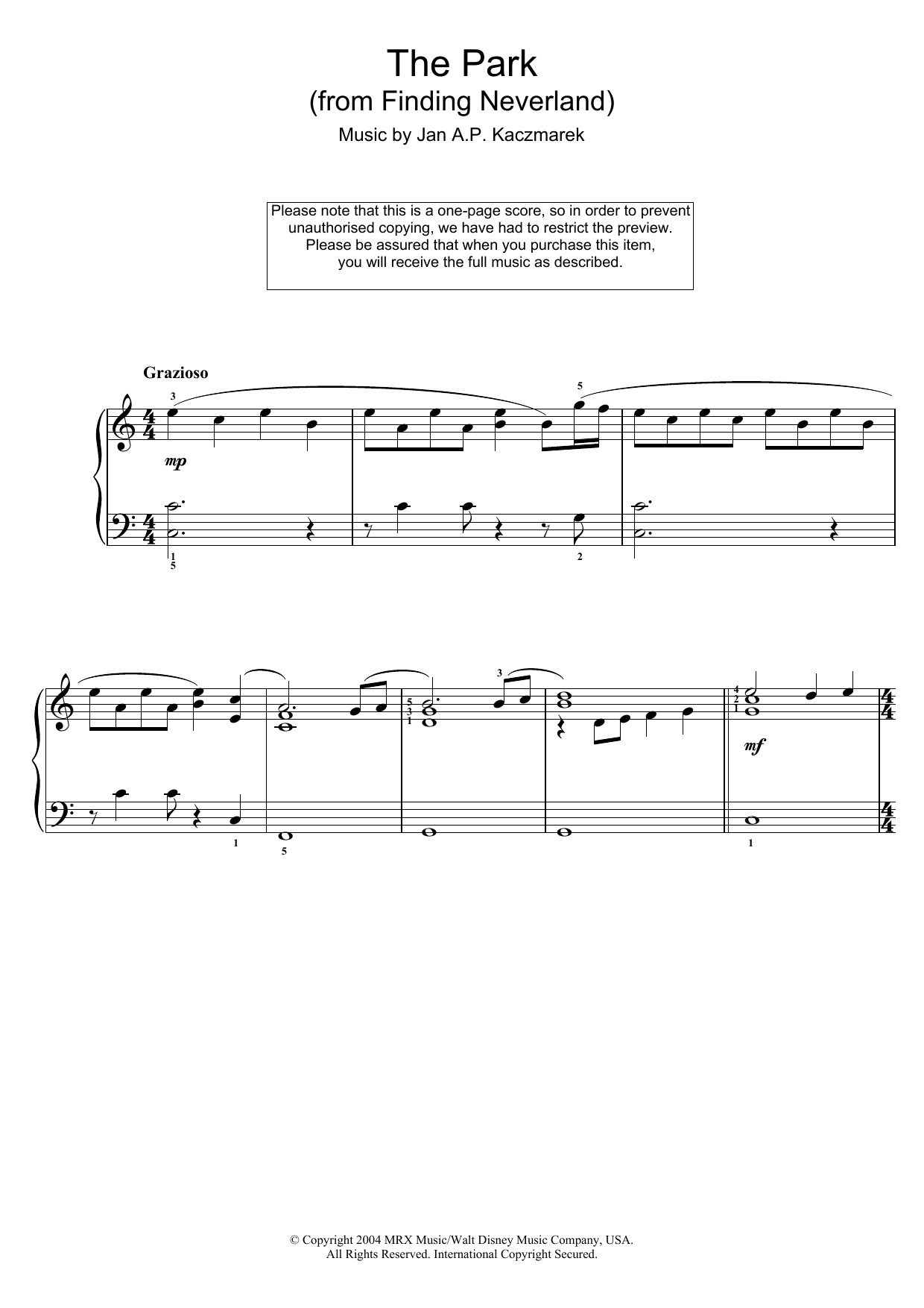 Jan A.P. Kaczmarek The Park (from Finding Neverland) sheet music notes and chords arranged for Easy Piano