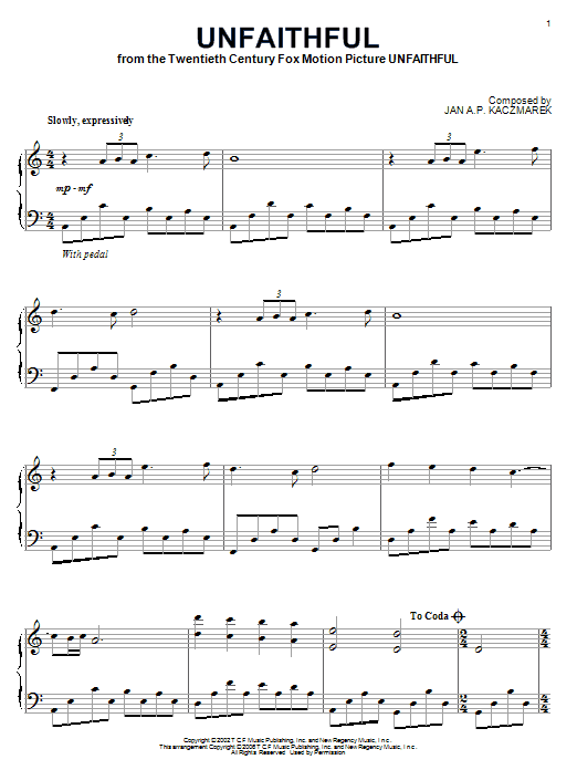Jan A.P. Kaczmarek Unfaithful sheet music notes and chords arranged for Piano Solo