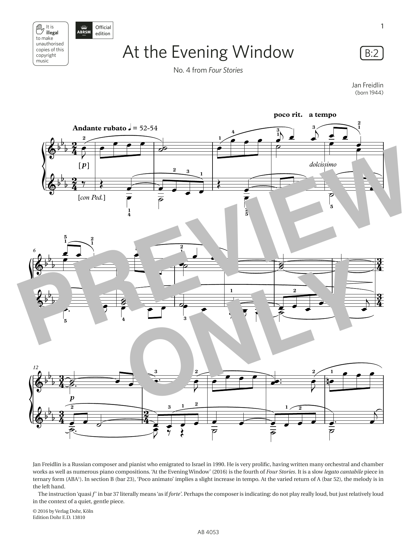 Jan Freidlin At the Evening Window (Grade 7, list B2, from the ABRSM Piano Syllabus 2023 & 2024) sheet music notes and chords arranged for Piano Solo