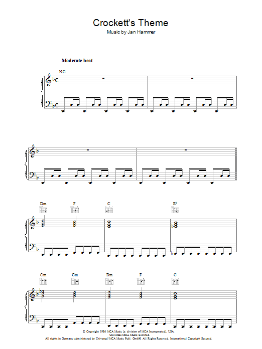 Jan Hammer Crockett's Theme (from Miami Vice) sheet music notes and chords arranged for Piano Solo