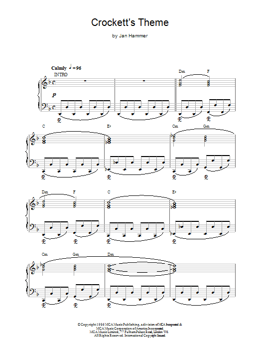 Jan Hammer Crockett's Theme sheet music notes and chords arranged for Piano Solo