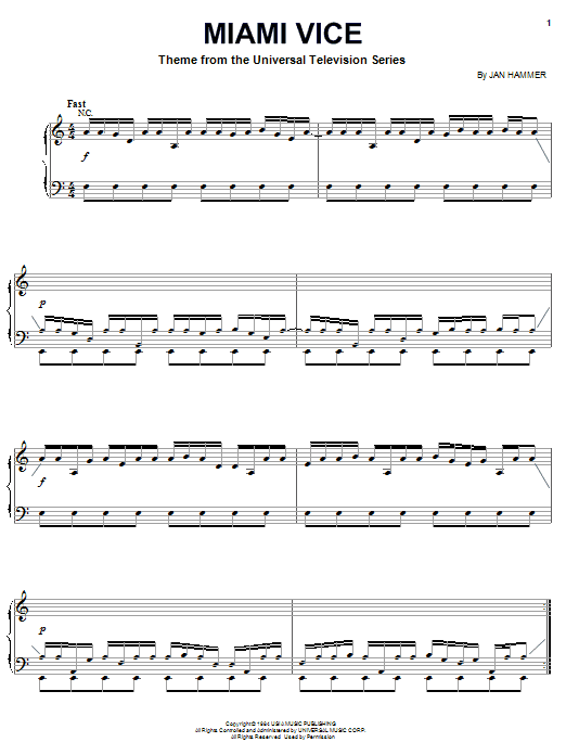 Jan Hammer Miami Vice sheet music notes and chords arranged for Piano Solo