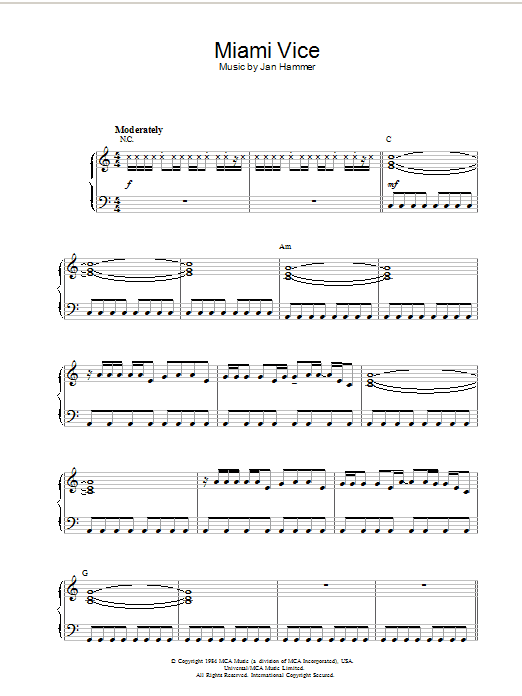 Jan Hammer Theme from Miami Vice sheet music notes and chords arranged for Piano Solo