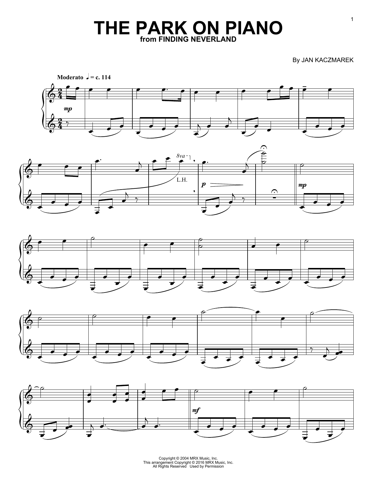 Jan Kaczmarek The Park On Piano (from Finding Neverland) sheet music notes and chords arranged for Piano Solo