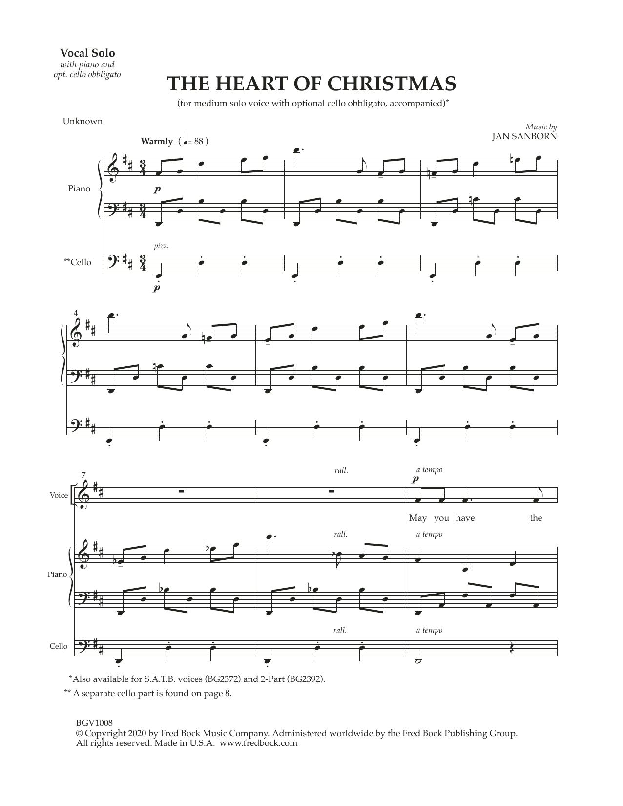 Jan Sanborn The Heart Of Christmas (with optional cello obbligato) sheet music notes and chords arranged for Piano & Vocal