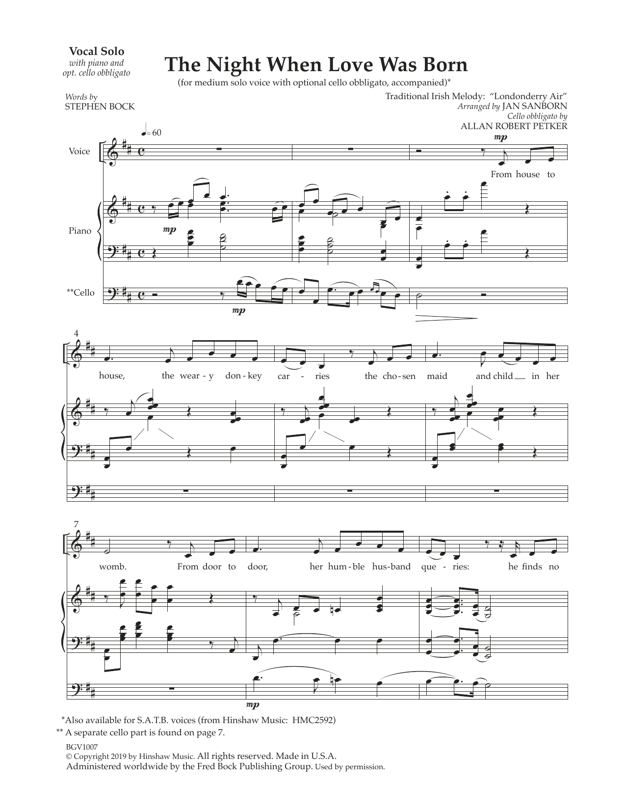 Jan Sanborn The Night That Love Was Born (with optional cello obbligato) sheet music notes and chords arranged for Piano & Vocal