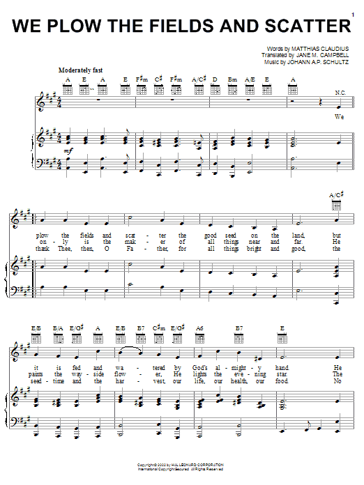 Jane M. Campbell We Plow The Fields And Scatter sheet music notes and chords arranged for Piano, Vocal & Guitar Chords (Right-Hand Melody)