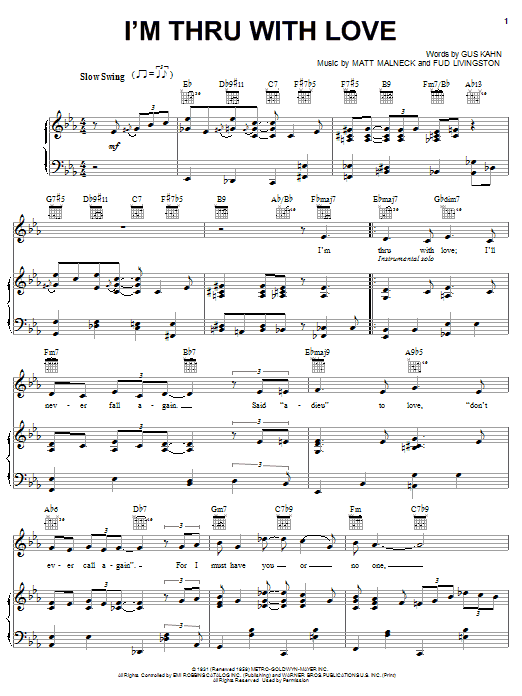 Jane Monheit I'm Thru With Love sheet music notes and chords arranged for Piano, Vocal & Guitar Chords (Right-Hand Melody)