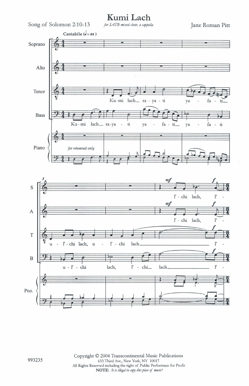 Jane Roman Pitt Kumi Lach sheet music notes and chords arranged for SATB Choir