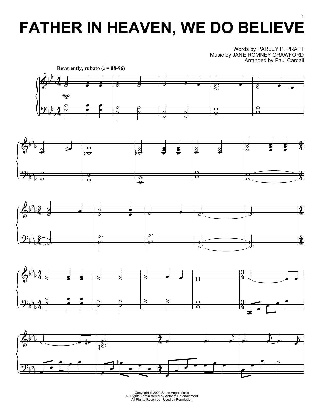 Jane Romney Crawford Father In Heaven, We Do Believe (arr. Paul Cardall) sheet music notes and chords arranged for Piano Solo