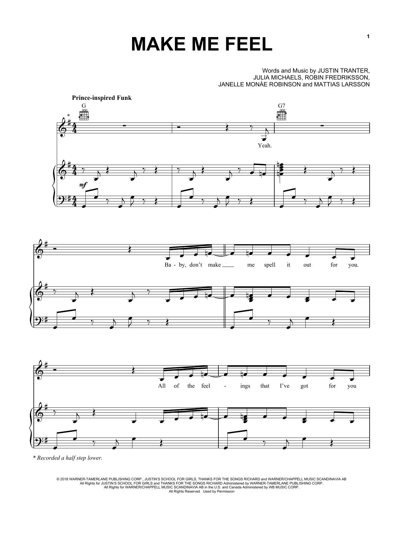 Janelle Monae Make Me Feel sheet music notes and chords arranged for Piano, Vocal & Guitar Chords (Right-Hand Melody)