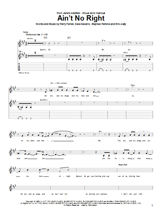 Jane's Addiction Ain't No Right sheet music notes and chords arranged for Guitar Tab