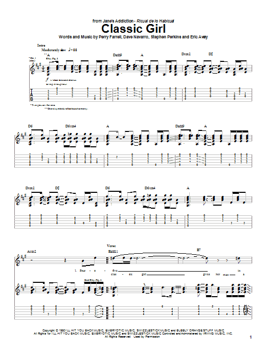 Jane's Addiction Classic Girl sheet music notes and chords arranged for Guitar Tab