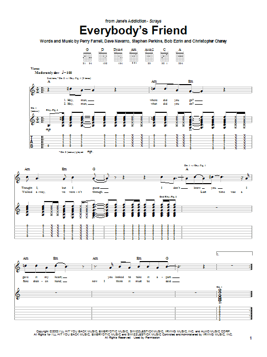 Jane's Addiction Everybody's Friend sheet music notes and chords arranged for Guitar Tab