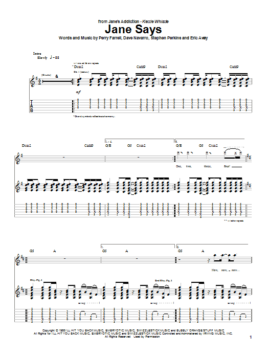 Jane's Addiction Jane Says sheet music notes and chords arranged for Guitar Tab (Single Guitar)
