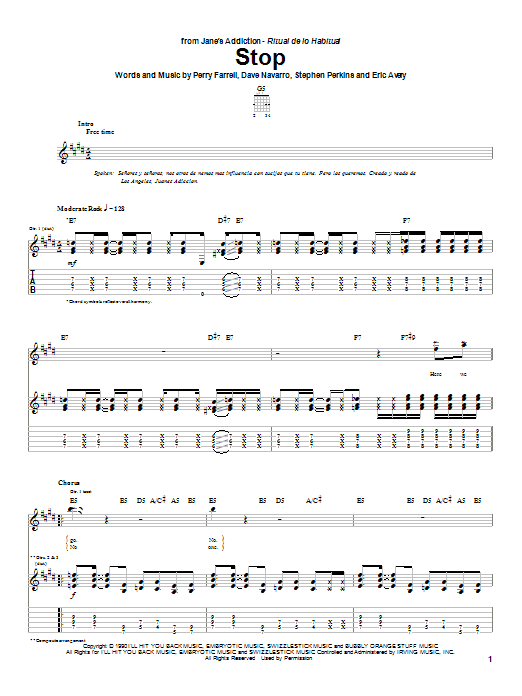 Jane's Addiction Stop sheet music notes and chords arranged for Guitar Tab