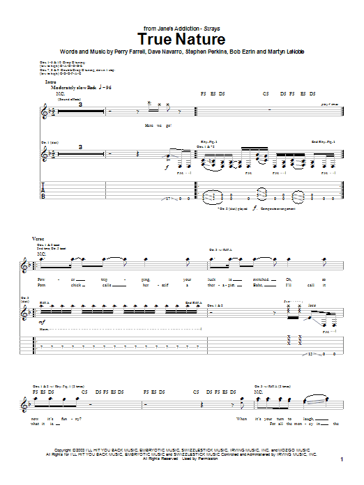 Jane's Addiction True Nature sheet music notes and chords arranged for Guitar Tab