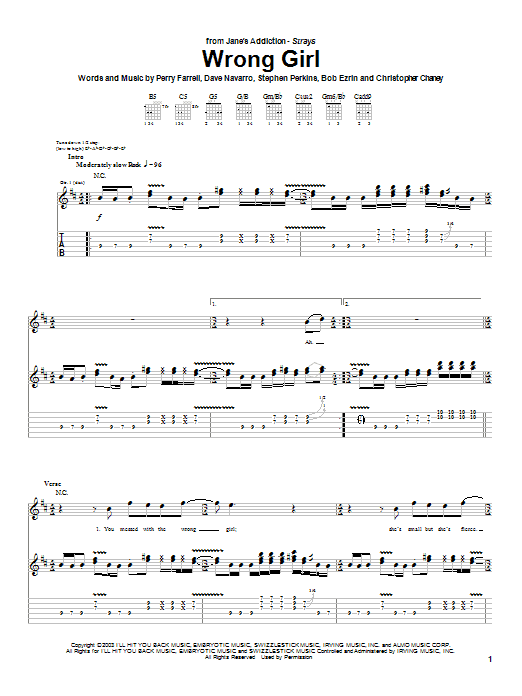 Jane's Addiction Wrong Girl sheet music notes and chords arranged for Guitar Tab