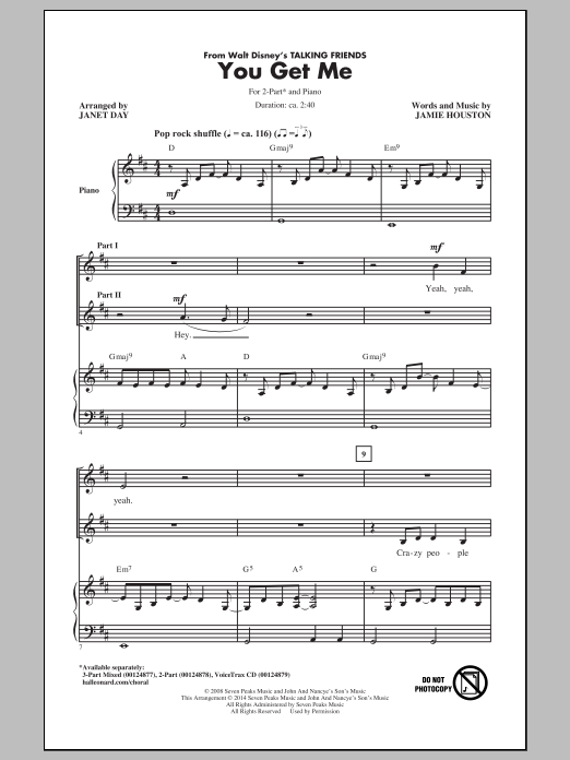 Janet Day You Get Me sheet music notes and chords arranged for 3-Part Mixed Choir