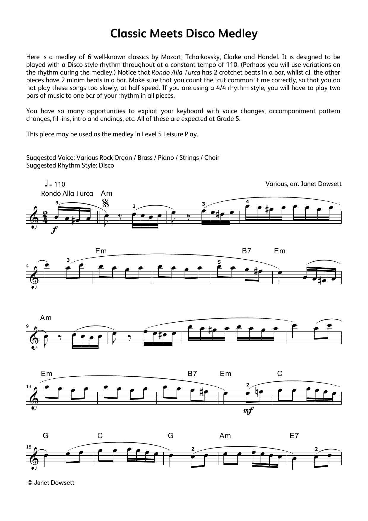 Janet Dowsett Classics Meets Disco Medley (LCME Electronic Keyboard Grade 5 List B & C) sheet music notes and chords arranged for Piano Solo