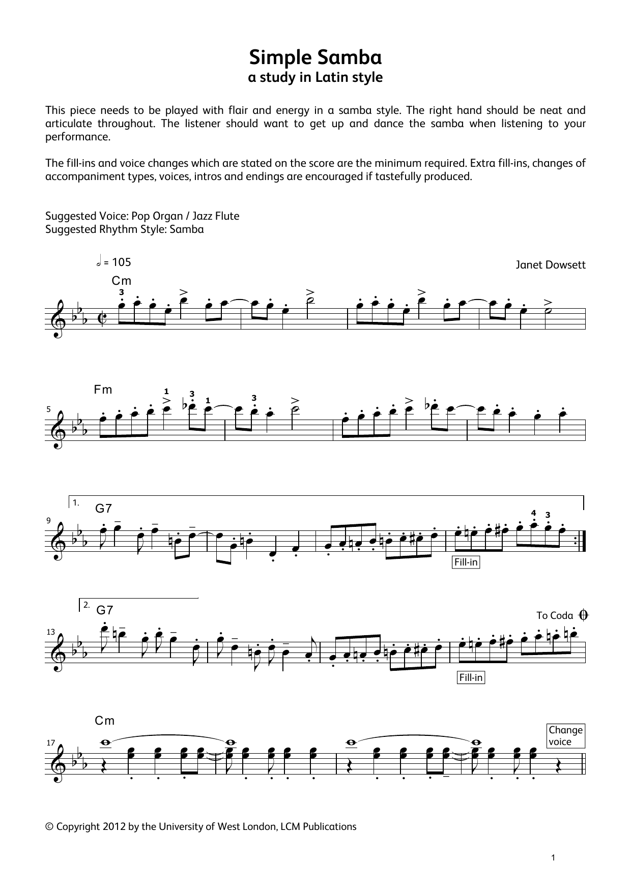 Janet Dowsett Simple Samba (from LCME Electronic Keyboard Grade 7 List A) sheet music notes and chords arranged for Piano Solo