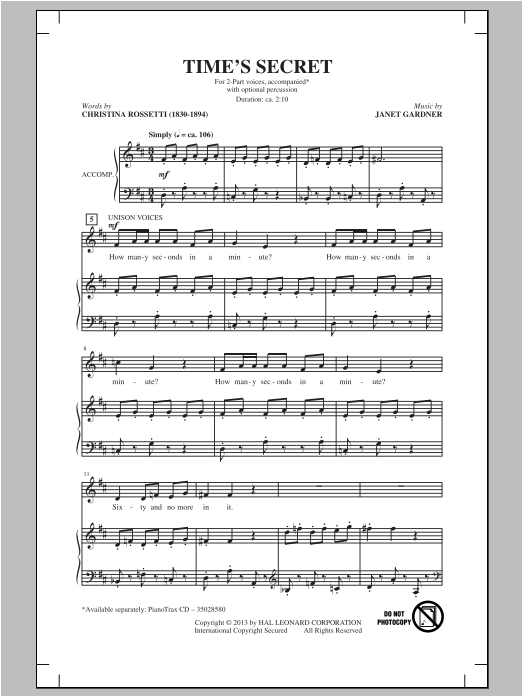Janet Gardner Time's Secret sheet music notes and chords arranged for 2-Part Choir