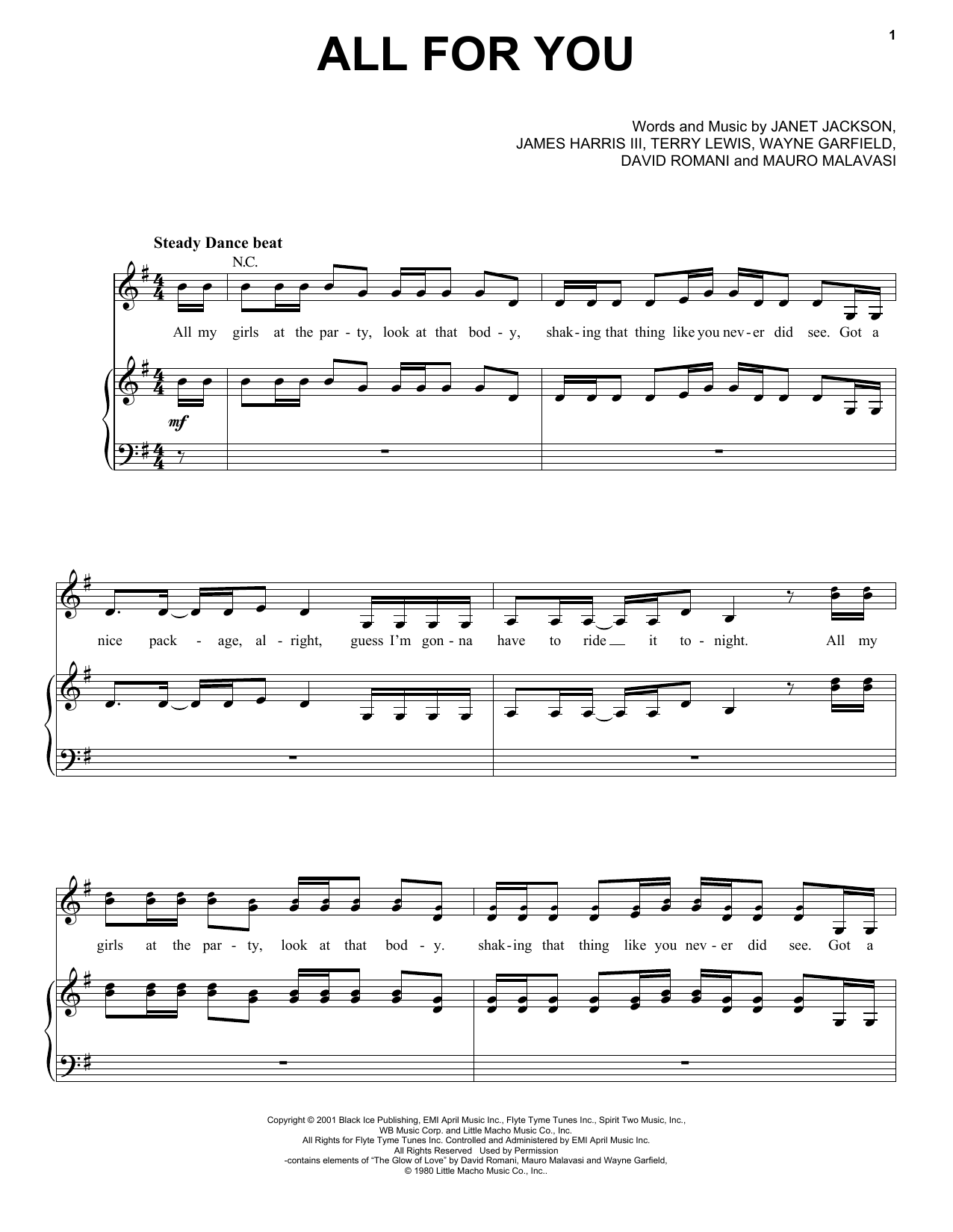 Janet Jackson All For You sheet music notes and chords arranged for Piano, Vocal & Guitar Chords (Right-Hand Melody)