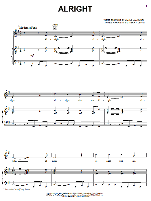 Janet Jackson Alright sheet music notes and chords arranged for Piano, Vocal & Guitar Chords (Right-Hand Melody)