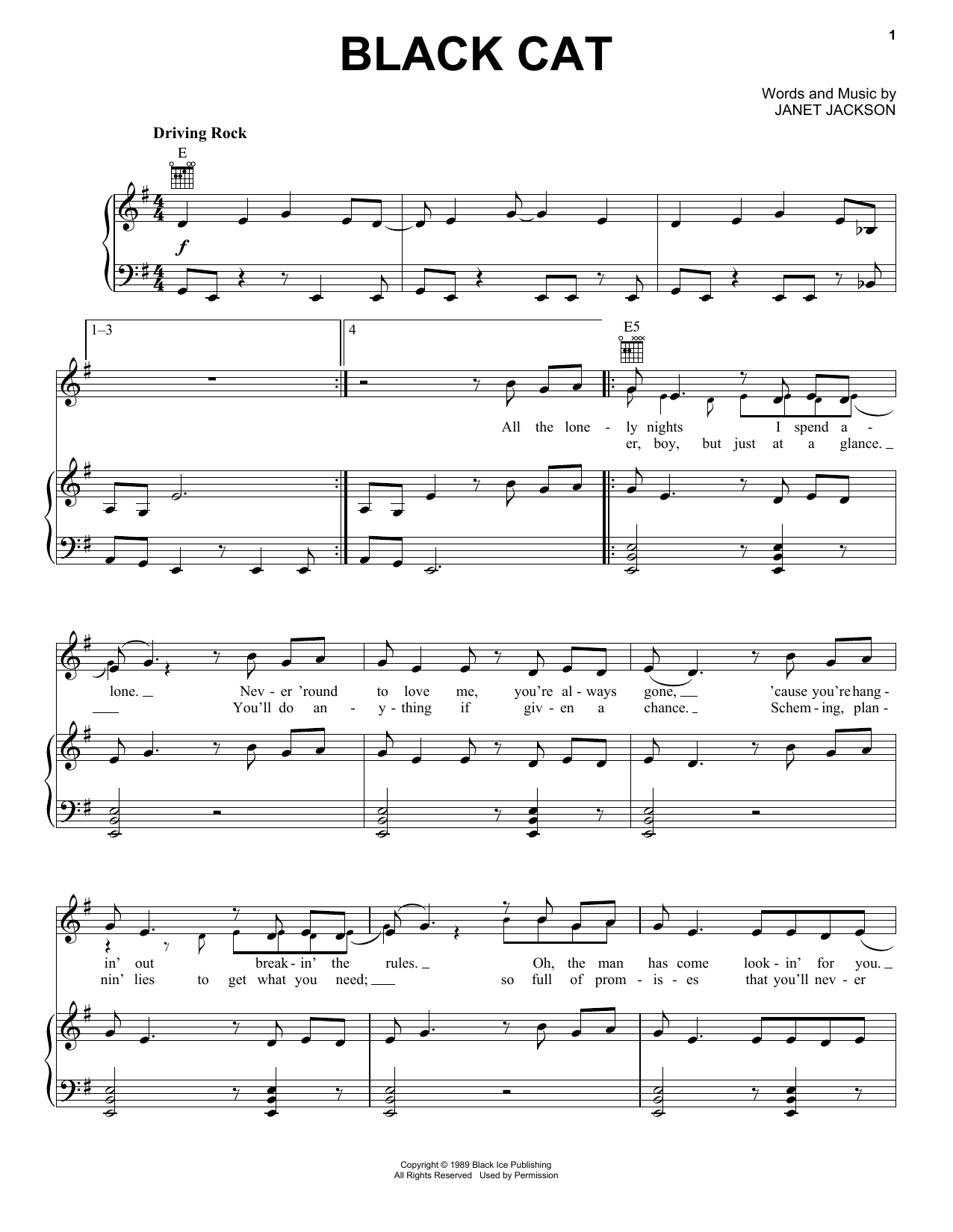 Janet Jackson Black Cat sheet music notes and chords arranged for Piano, Vocal & Guitar Chords (Right-Hand Melody)