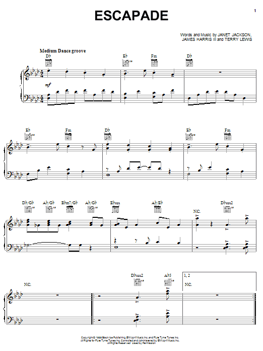 Janet Jackson Escapade sheet music notes and chords arranged for Piano, Vocal & Guitar Chords (Right-Hand Melody)