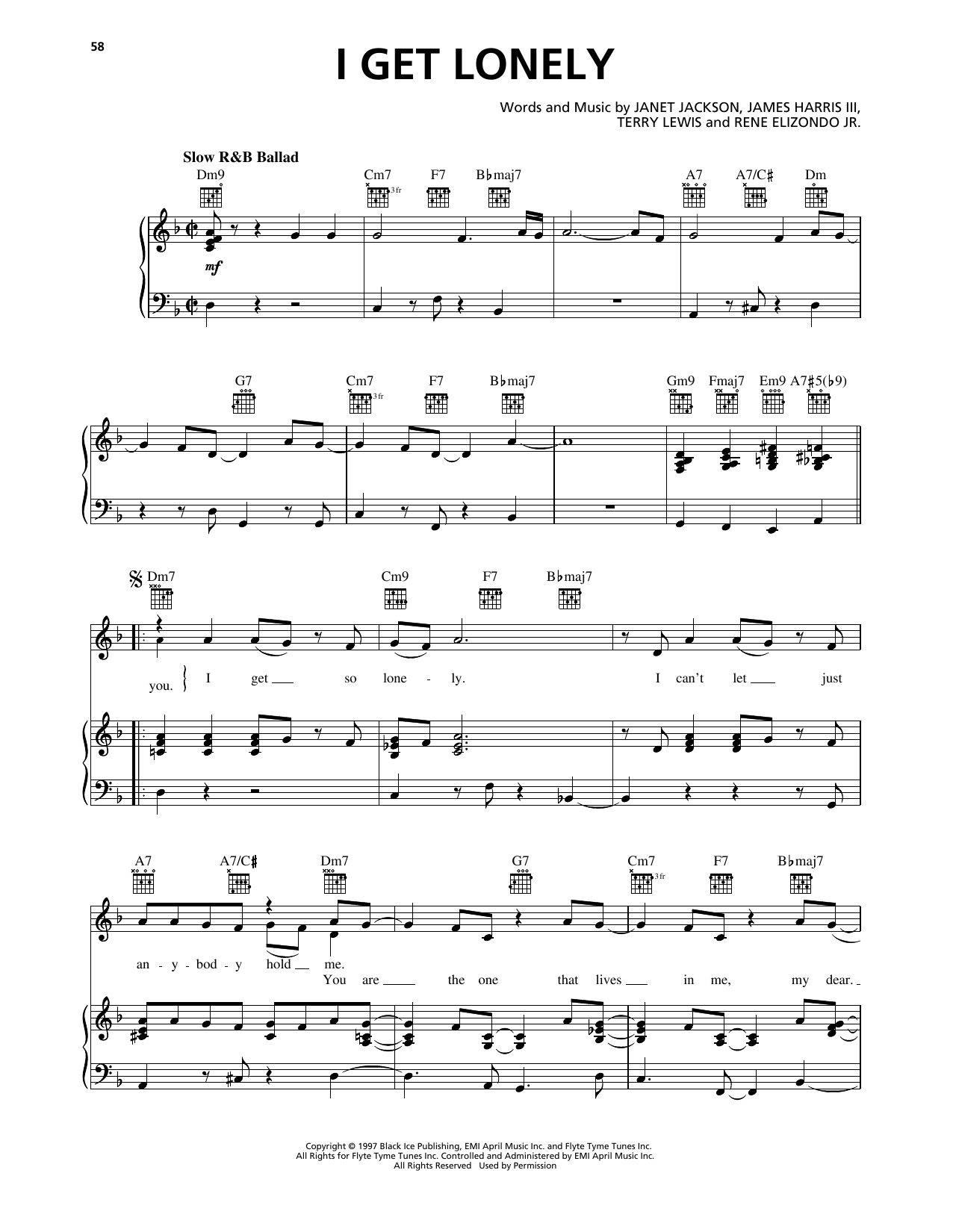 Janet Jackson I Get Lonely sheet music notes and chords arranged for Piano, Vocal & Guitar Chords (Right-Hand Melody)