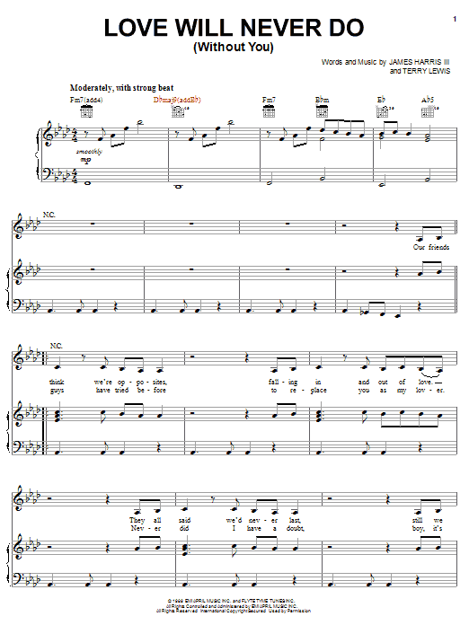 Janet Jackson Love Will Never Do (Without You) sheet music notes and chords arranged for Piano, Vocal & Guitar Chords (Right-Hand Melody)