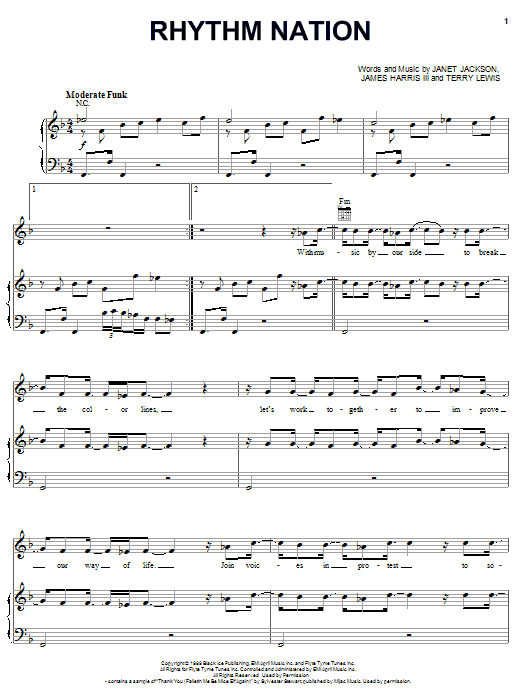 Janet Jackson Rhythm Nation sheet music notes and chords arranged for Piano, Vocal & Guitar Chords (Right-Hand Melody)