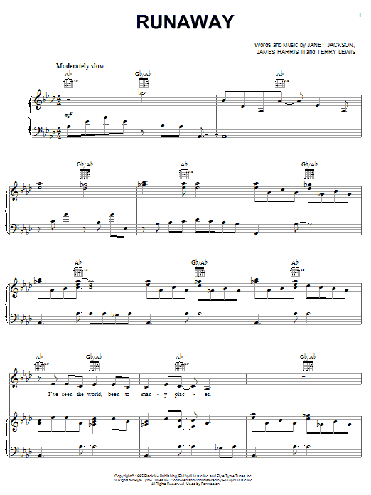 Janet Jackson Runaway sheet music notes and chords arranged for Piano, Vocal & Guitar Chords (Right-Hand Melody)
