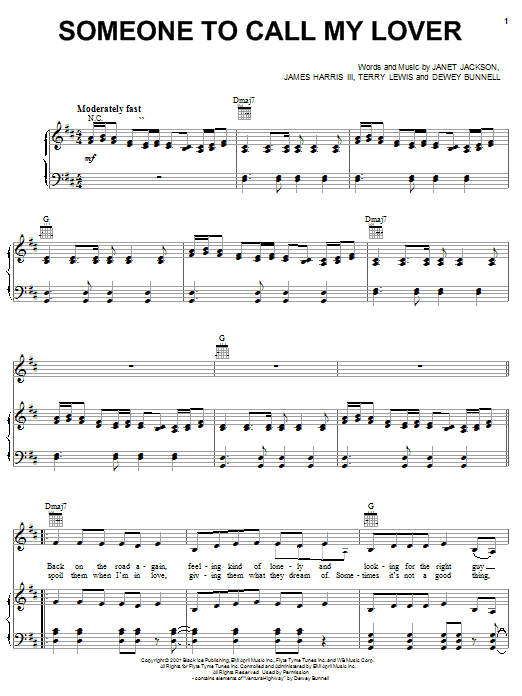 Janet Jackson Someone To Call My Lover sheet music notes and chords arranged for Piano, Vocal & Guitar Chords (Right-Hand Melody)
