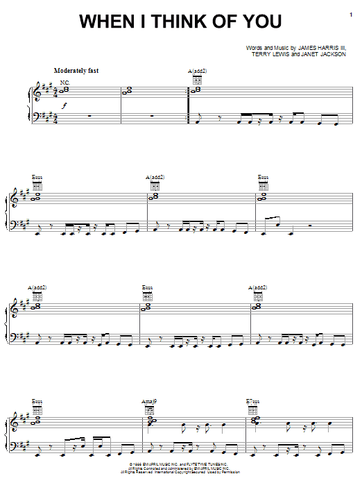 Janet Jackson When I Think Of You sheet music notes and chords arranged for Piano, Vocal & Guitar Chords (Right-Hand Melody)