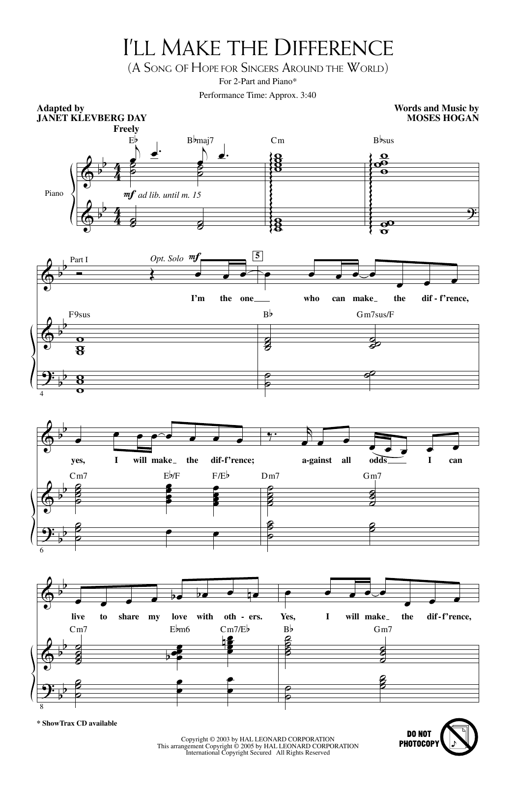 Janet Klevberg Day I'll Make The Difference (A Song Of Hope For Singers Around The World) sheet music notes and chords arranged for 2-Part Choir