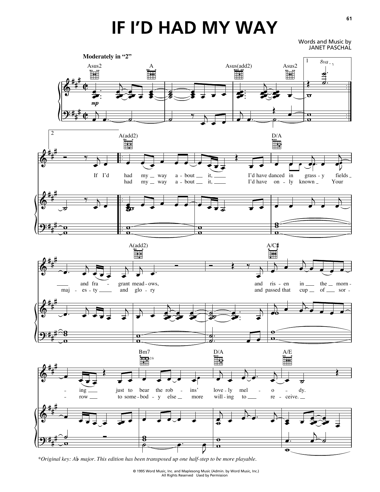 Janet Paschal If I'd Had My Way sheet music notes and chords arranged for Piano, Vocal & Guitar Chords (Right-Hand Melody)