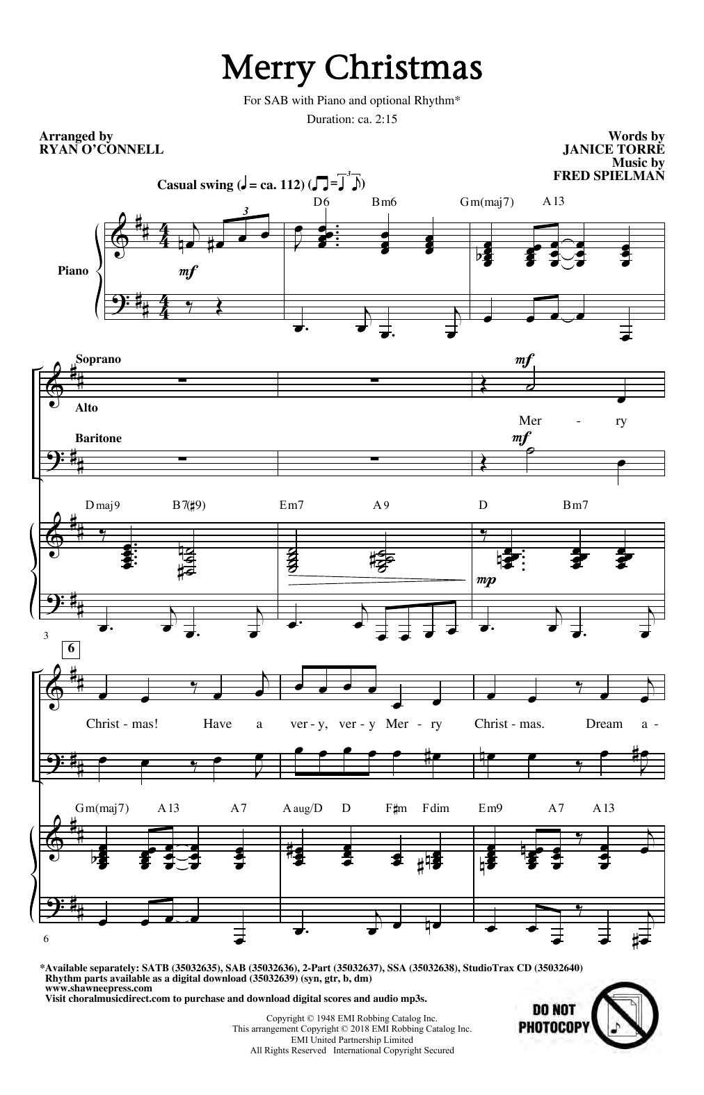 Janice Torre & Fred Spielman Merry Christmas (arr. Ryan O'Connell) sheet music notes and chords arranged for 2-Part Choir