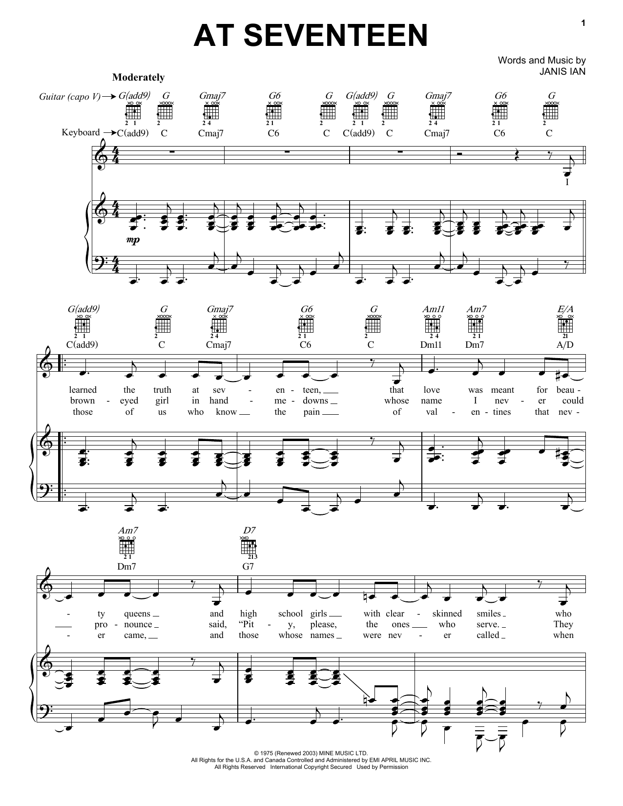 Janis Ian At Seventeen sheet music notes and chords arranged for Violin Solo