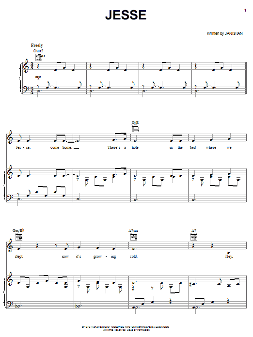 Janis Ian Jesse sheet music notes and chords arranged for Piano, Vocal & Guitar Chords (Right-Hand Melody)