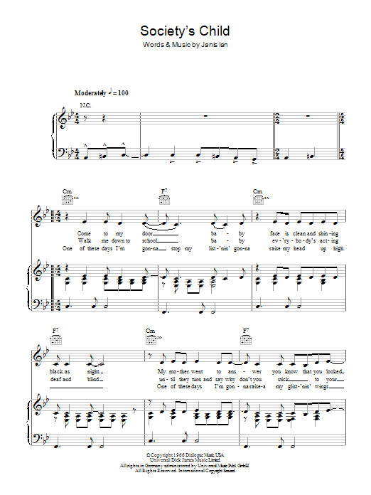 Janis Ian Society's Child sheet music notes and chords arranged for Piano, Vocal & Guitar Chords