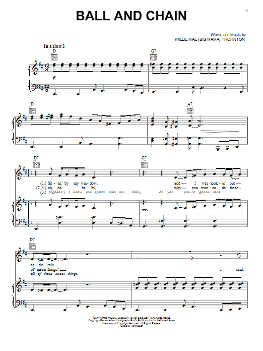 Janis Joplin Ball And Chain (from the musical A Night With Janis Joplin) sheet music notes and chords arranged for Piano, Vocal & Guitar Chords (Right-Hand Melody)