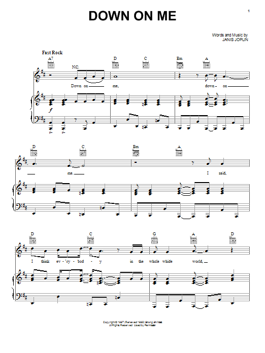 Janis Joplin Down On Me (from the musical A Night With Janis Joplin) sheet music notes and chords arranged for Piano, Vocal & Guitar Chords (Right-Hand Melody)