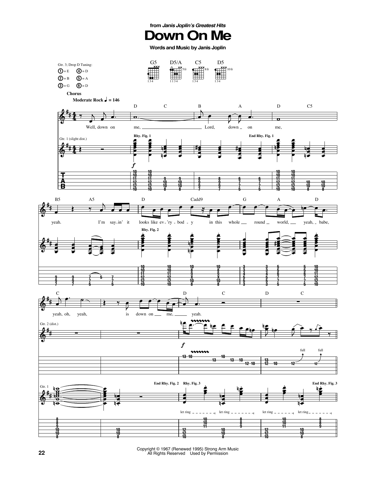 Janis Joplin Down On Me sheet music notes and chords arranged for Guitar Tab