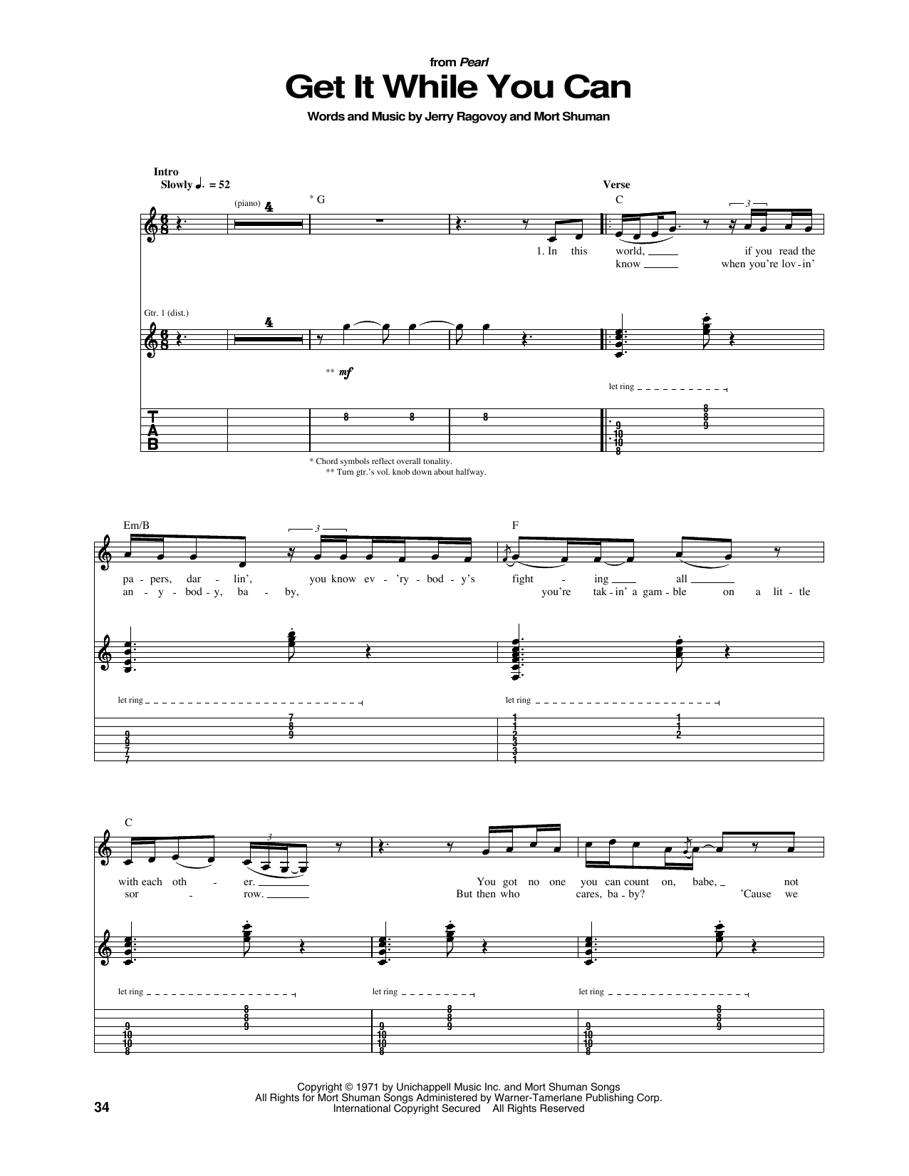 Janis Joplin Get It While You Can sheet music notes and chords arranged for Guitar Tab