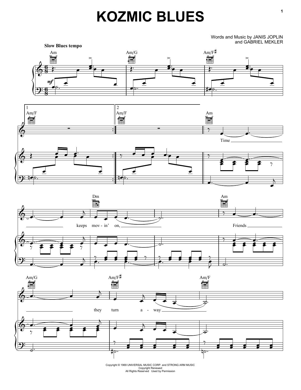 Janis Joplin Kozmic Blues (from the musical A Night With Janis Joplin) sheet music notes and chords arranged for Piano, Vocal & Guitar Chords (Right-Hand Melody)