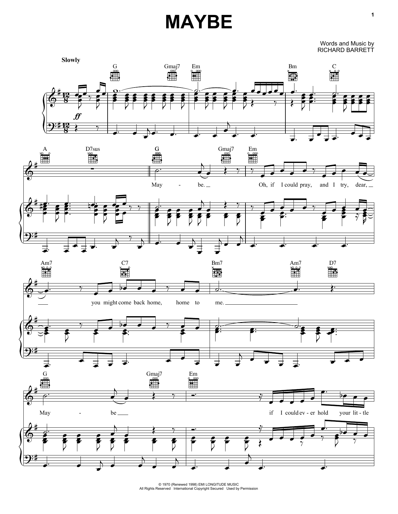 Janis Joplin Maybe (from the musical A Night With Janis Joplin) sheet music notes and chords arranged for Piano, Vocal & Guitar Chords (Right-Hand Melody)